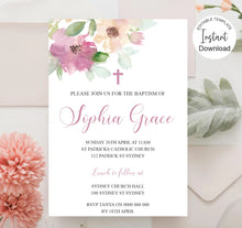 Load image into Gallery viewer, Editable Girls Floral Baptism Invite, Digital Invitation Template, Edit at Home
