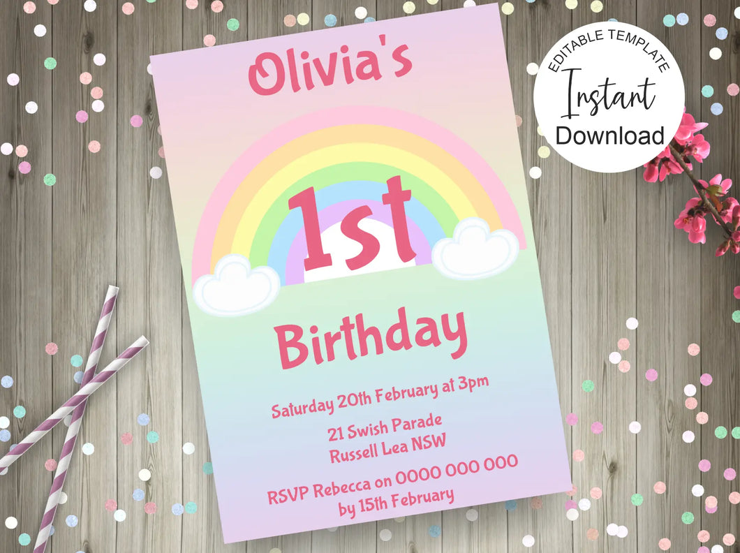 Editable Pastel Rainbow Birthday Invite, Digital Invitation Template, Print at home