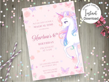 Load image into Gallery viewer, Editable Pink Unicorn Birthday Invite, Digital Invitation Template, Print at home
