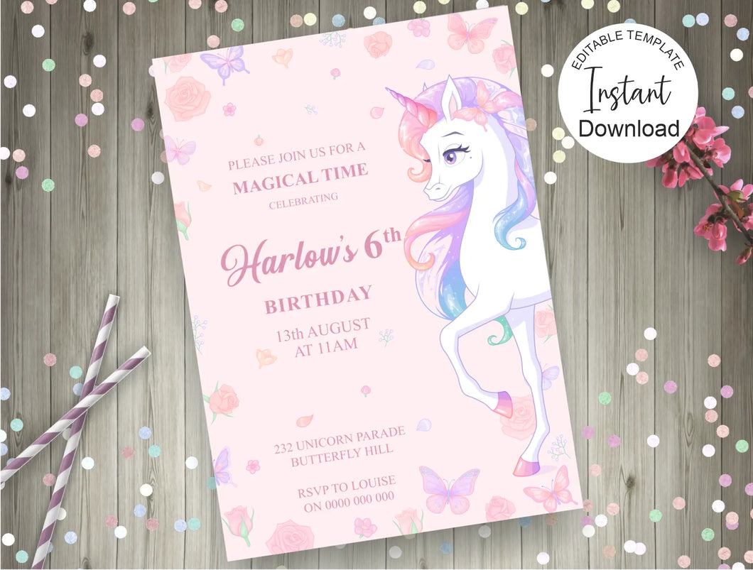 Editable Pink Unicorn Birthday Invite, Digital Invitation Template, Print at home
